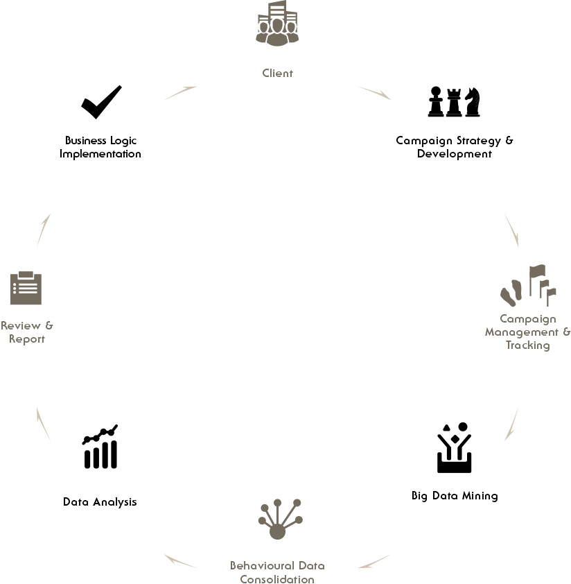 Client; Campaign Strategy & Development; Campaign Management & Tracking; Big Data Mining; Behavioural Data Consolidation; Data Analysis; Review & Report; Business Logic Implementation